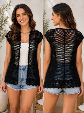 Jones New York Sport Black Crochet Open Front Cardigan Vest Size Medium